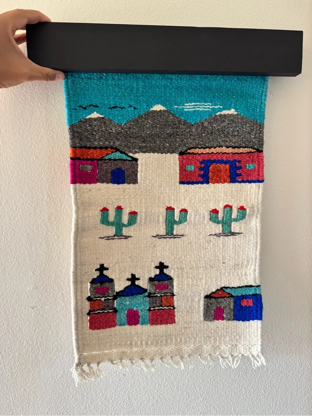 Handwoven Southwestern Textile Wall Hanging in Turquoise, Pink & Red